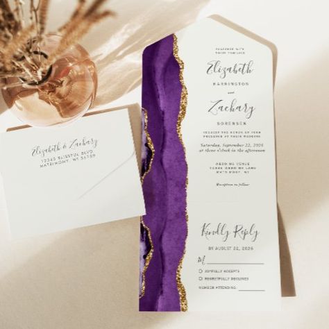 $3.80 | Purple Gold Agate Ivory Wedding | Wedding Invitations | trendy seal and send wedding, simple tear off rsvp postcard, affordable budget all in one, modern wedding trifold invite, purple violet plum ivory cream, watercolor agate geode, glam gold faux glitter, elegant handwriting calligraphy script Wedding Trifold, Elegant Handwriting, Handwriting Calligraphy, Wedding Simple, Rsvp Postcard, Calligraphy Script, Purple Violet, Agate Geode, Ivory Wedding