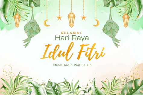 Water color Islamic holiday banner, suitable for Ramadan, Eid Fitri, Eid Adha and Maulid.With tropical islamic decor. Ucapan Idul Fitri, Raya Aidilfitri, Eid Adha, Holiday Banner, Islamic Decor, For Ramadan, Idul Fitri, Hari Raya, Eid Mubarak