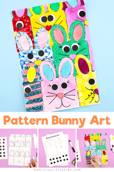 A fun Spring and Easter art project for kids - Pattern Bunny Art - using one simple shape to create a tiled effect. Add bright colors and expressive features to bring the characters to life! Easter Art For Kindergarten, Easter Art 5th Grade, Easter Art Grade 1, Kindergarten Easter Art, Elementary Spring Art Projects, Easter Art Projects For Kids, Easter Art Kids, Easter Art Activities, Easter Art For Kids