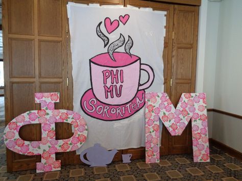 Sorority Tea Party, Sorority Themes, Sorority Banner, Sorority Events, Bid Day Themes, Founders Day, Phi Mu, Lake Forest, Mom Day