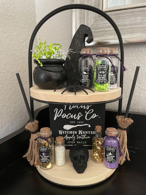 Witch Tier Tray Decor, 3 Teir Trays Decor Halloween, Two Tier Halloween Tray, Halloween Tiered Tray Ideas Diy, Diy Halloween Tiered Tray Decor, Halloween Tiered Tray Decor Ideas, Halloween Laundry Room, Teir Tray Ideas, Halloween Tiered Tray Ideas