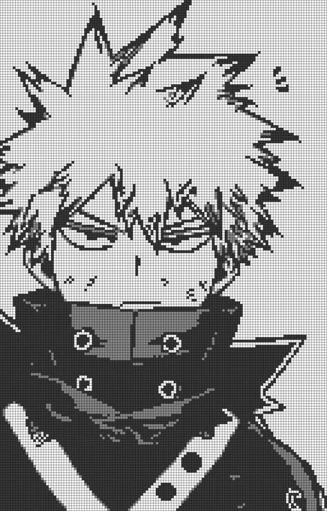 Pixel Art Anime Black White, Bakugou Crochet Pattern, Anime Grid Pattern, Mha Alpha Pattern, Pixel Crochet Pattern Anime, Jjk Alpha Pattern, Anime Pixel Art Grid, Pixel Art Pattern Anime, My Hero Academia Alpha Pattern