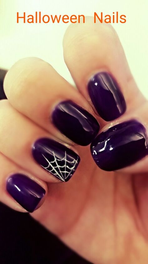 Purple nails with a spider web accent for Halloween Halloween Nails Gel Purple And Black, Purple Nails Spiderweb, Purple Halloween Nails 2022, Halloween Nails Short Spider Web, October Nails Spider Web, Holloween Nails Gel Short, Purple Nails With Spider Web, Purple Nails For Halloween, Plum Halloween Nails