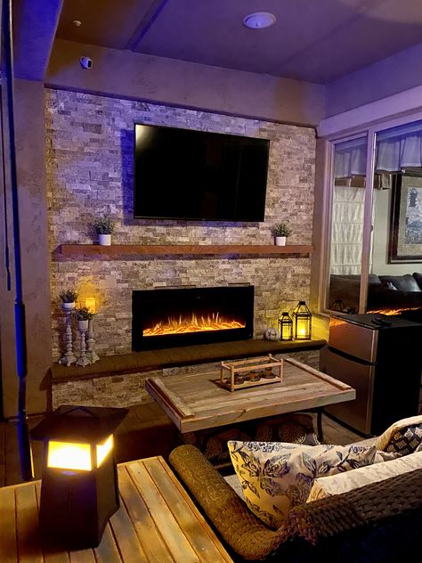 Outdoor Tv Fireplace Wall, Outdoor Electric Fireplace Ideas Patio, Fire Pit Tv Wall, Electric Fireplace On Porch, Outdoor Electric Fireplace Ideas With Tv, Outdoor Electric Fireplace Ideas, Diy Outdoor Electric Fireplace, Freestanding Patio With Tv Wall, Electric Fireplace Outdoor Patio