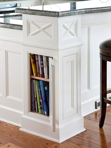 Concealing Columns        Column-style corners on this kitchen island prove to be more than just decorative. Opening the recessed panel with a push latch reveals hidden cookbook storage. Kitchen Island Storage Ideas, Cookbook Storage, Island Storage, Kitchen Island Storage, Hidden Kitchen, Regal Design, Trendy Kitchen, Book Shelf, Hidden Storage