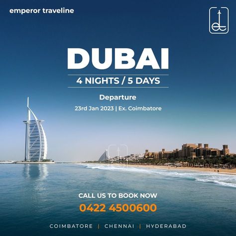 DUBAI CALLING!!!✈️ Book your Dubai tour package at Emperor Traveline and have a stress-free vacation! Date: 23rd Jan 2023 Departure: Coimbatore Call us to book now: 0422 4500600 Dubai Tour, Dubai Travel, Free Vacations, Travel Packages, Coimbatore, Blue Lagoon, Best Places To Travel, Tour Packages, Chennai