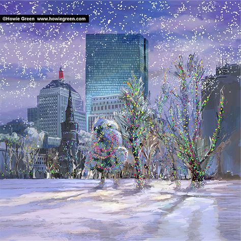 Boston Art, John Hancock, Holiday Pops, Whimsical Artwork, Skyline View, Black Framed Wall Art, Cityscape Art, Art Print Display, Muted Blue