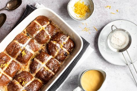 Hot Cross Bun Bread & Butter Pudding | Baking Mad Fruit Bread Pudding, Lemon Curd Uses, Bread And Butter Pudding Recipe, Bread Butter Pudding, Bun Bread, Hot Cross Buns Recipe, Hot Cross Bun, Butter Pudding, Caramel Pudding