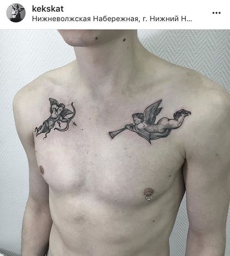 Tattoo Ideas For Guys, Mangas Tattoo, Cupid Tattoo, Tatuagem Masculina Pequena, Cherub Tattoo, Devil Tattoo, Angel Tattoo Designs, Collar Bone Tattoo, Dope Tattoos