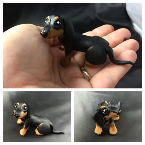 Dachshund by LittleCLUUs on DeviantArt Polymer Clay Sausage Dog, Clay Weiner Dog, Polymer Clay Dachshund, Clay French Bulldog, Sausage Dog Cake, Clay Dachshund, Animal Lamps, Happy Pug, Dapple Dachshund Puppy