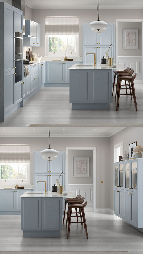 Choose Cove Blue for a shaker kitchen that combines classic design with a fresh twist. The calming blue hue brings a serene and inviting atmosphere, while the shaker cabinets provide timeless elegance. Gold hardware adds a subtle luxury, making the kitchen not just a place to cook, but a space to truly enjoy. Light Blue Kitchen, Blue Shaker Kitchen, Blue Kitchen Designs, Light Blue Kitchens, Subtle Luxury, Shaker Cabinets, Blue Kitchen, Shaker Kitchen, Blue Kitchens