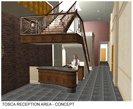 Reception desk under stairs--but perpendicular to them Reception Desk Under Staircase, Fountain Under Staircase, Reception Under Stairs, Office With Spiral Staircase, Desk Under Stairs, Circulation Desk, Spiral Staircase Section, Stairwell Ideas, Under Stair