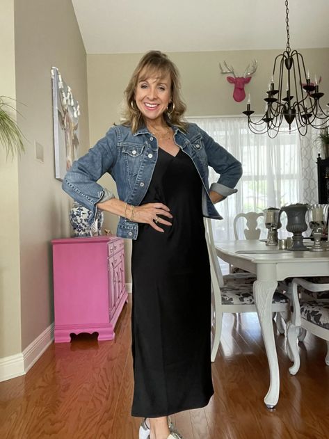 Black Slip Dress + Denim Jacket Styling A Slip Dress, Style A Slip Dress, How To Style A Slip Dress, Dress Over 50, Dress Denim Jacket, Dressing Over 50, Denim Jacket With Dress, Friday Favorites, Dress Denim