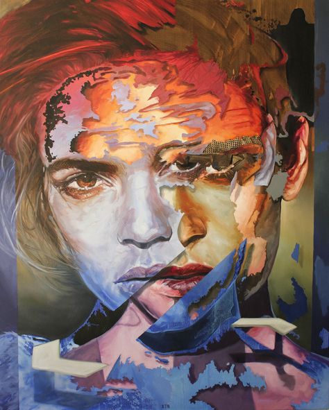 Acetate Painting, Surreal Portrait Art, Gcse Art Distortion Final Piece, Gcse Art Final Piece Portrait, Fragmented Portraits, Fragment Portraits, Distorted Portraits Painting, Complex Art, Layered Art