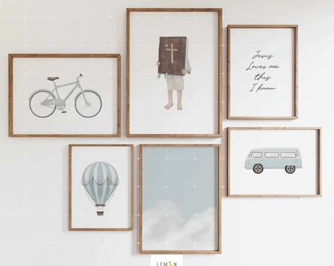 Elevate your boys' room with our set of six Christian boys' room wall art. These warm, watercolor pieces feature a boy holding a bible, blue sky, retro van, ballon, and bike. And the "Jesus loves me" quote reminds your child of God's unconditional love. A must-have for any Christian home.   PRINT INFORMATION - The Prin Blue Boys Room, School Room Decor, Sunday School Room Decor, Room Decor Christian, Boys Room Blue, Play Room Decor, Blue Nursery Boy, Sunday School Rooms, Retro Van