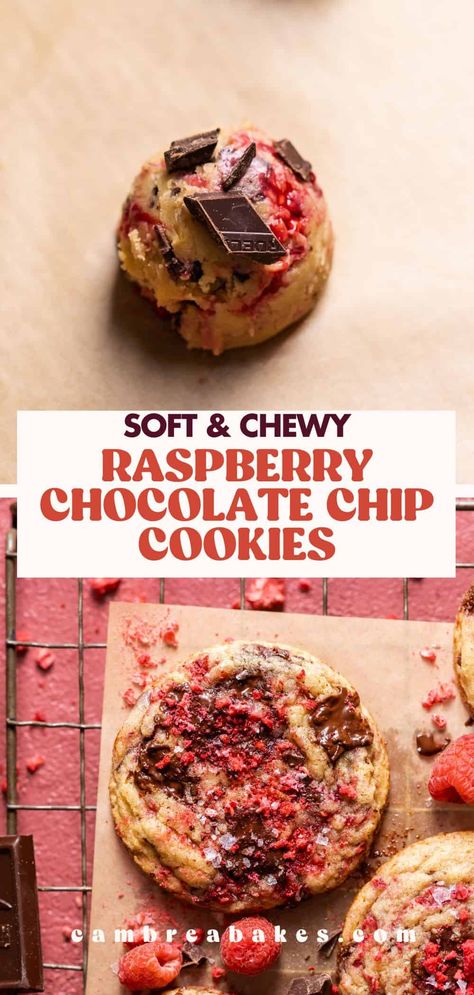 These soft and chewy raspberry chocolate chip cookies are stuffed with juicy raspberries and dark chocolate chips. Make them year round with frozen or fresh raspberries with no cookie dough chilling required! Raspberry Chocolate Recipes, Raspberry Chocolate Chip Cookies, Chocolate Raspberry Cookies, Cambrea Bakes, Lemon Raspberry Cupcakes, Dark Chocolate Raspberry, Raspberry Chocolate Chip, Chocolate Chip Pecan Cookies, Raspberry Cookies