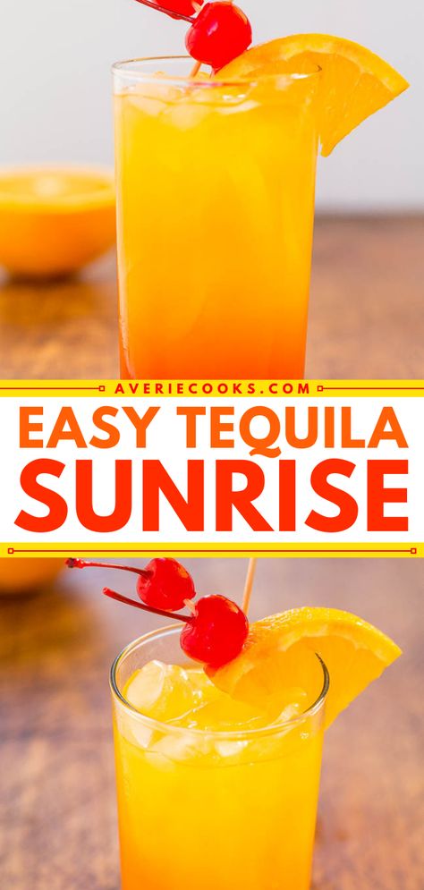 Classic Tequila Sunrise Cocktail - Averie Cooks Drink For A Crowd, Tequila Sunrise Drink, Tequila Cocktails Easy, Tequila Punch, Tequila Drinks Easy, Sunrise Drink, Tequila Sunrise Recipe, Tacos Tuesday, Tequila Mixed Drinks