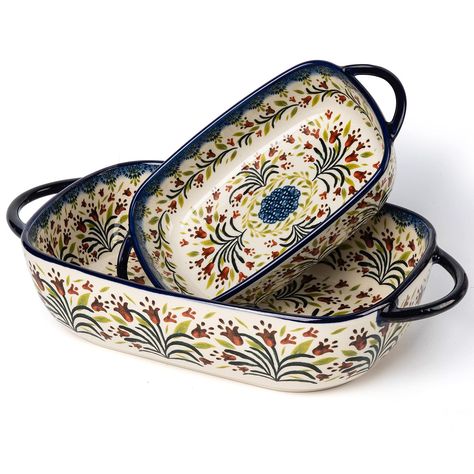 PRICES MAY VARY. 【Porcelain Bakeware set of 2】--Rectangular baking dish set of 2 with difference size, serving for lasagna, casserole, pizza, bread, pasta, chicken, roast, beef, vegetables, baking, food heating and storage, meet your different needs. (Large: 13.2"L x 7.48"W x 2.79"H - Small: 9.25"L x 7.67"W x 1.97"H.) 【Stackable and Easy to Clean】Baking dish sets can be stacked to save cabinet space. The bakeware is made of durable ceramic, Double ear handles are safer to be taken. 【Safe under H Ceramic Bakeware Set, Lasagna Casserole, Chicken Roast, Baking Dish Set, Clean Baking, Lasagna Pan, Casserole Set, Ceramic Bakeware, Ceramic Baking Dish