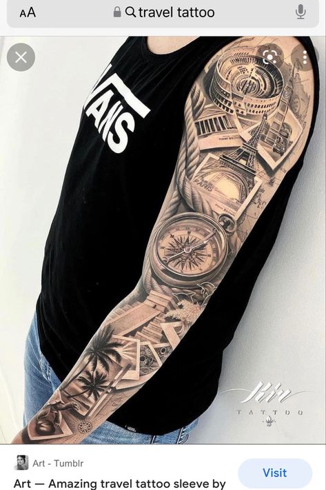 Travel Related Tattoos, Europe Tattoos, Mountain Sleeve Tattoo, Tattoo Homme, Overlapping Design, Mangas Tattoo, Related Tattoos, Globe Tattoos, Tattoo Tiger