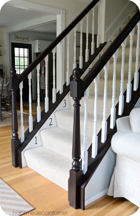 Liz of the Naptime Decorator shares this quick and easy project she did over the… Banister Makeover, Banister Ideas, Banister Remodel, Stairs Makeover Design, Diy Stairs Makeover, Stair Railing Makeover, Farmhouse Stairs, Gel Stains, Painted Staircases