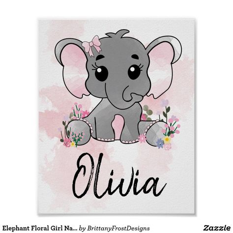 Baby Girl Canvas Painting, Baby Girl Painting Ideas, Baby Room Paintings Canvases, Canvas Name Painting Ideas, Nursery Paintings Canvas, Name Paintings On Canvas, Baby Elephant Painting, Baby Canvas Art, Elephant Painting Canvas