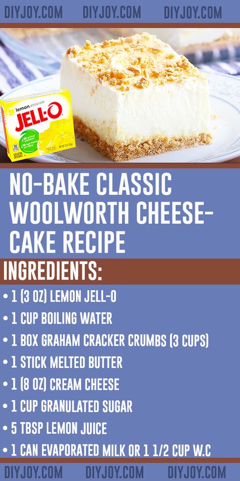 No-Bake Classic Woolworth Cheesecake Recipe - Cheesecake Recipes - No Bake Recipes #NoBake #JelloRecipes via @diyjoycrafts Woolworth Cheesecake Recipe, Woolworth Cheesecake, Fluff Desserts, Lemon Dessert Recipes, Bake Cheesecake, Jello Recipes, Cheesecake Desserts, Desserts Easy, Creamy Desserts