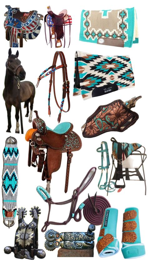 Western Horse Tack Turquoise, Western Riding Tack, Western Tack Sets, Barrel Racing Tack Rodeo, Leather Horse Tack, Saddles For Sale, Headstalls For Horses, Horse Barn Ideas Stables, Horse Markings