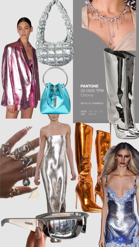 Chromatic Outfits Aesthetic, Metallic Fashion Aesthetic, Hot Metals Trend, Blue Chrome Outfit, Metallic Fashion 2023, Chrome Fashion Aesthetic, Metallic Trend 2023, Metallic Outfit Ideas Party, Chrome Outfit Ideas