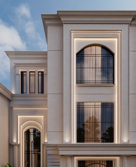 Villa MR Khaled Ghalb - Villa Design on Behance Neoclassical Windows, Modern Classic Building, Neoclassic Exterior, Modern Classic House Exterior, Architecture 2023, Classic Villa Exterior, New Classic Villa, Classic Modern House, Villa Classic