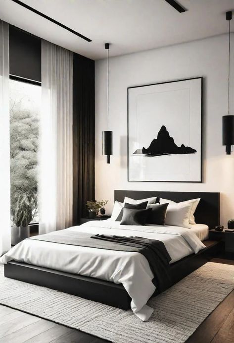 45 Black and White Bedroom Ideas for Timeless Elegance 23 Apartment Bedroom Black And White, Minimalist Male Bedroom, Bedroom Inspo Black And White, Black N White Bedroom, Black White Room Aesthetic, White And Black Room Aesthetic, Black And White Bedroom Ideas Cozy, White Bed Decor, Bedroom Design Black And White