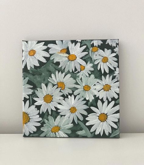 Daisies. Oil on canvas 8x8" Daisy Canvas Painting, Daisy Painting Easy, Daisy Acrylic Painting, Daisy Artwork, Flower Canvas Painting, Custom Pet Painting, Personalized Dog Gift, Daisy Painting, Flower Painting Canvas