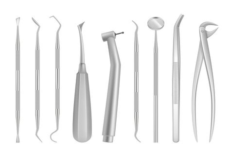 Dental clinic tools. Medical items for dentists oral inspection tooth vector realistic chrome instruments. Medical dental equipment, dentist mirror realistic for healthcare illustration Dental Terminology, Tooth Vector, Healthcare Illustration, Fractal Tree, Medical Items, Dental Nurse, Dentist Office Design, Mirror Illustration, Kedokteran Gigi