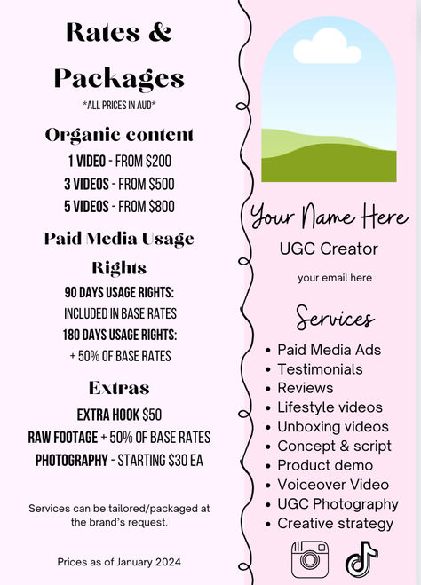 Start your content creator journey with ease by using my editable rates and services pdf template! Perfect for those beginning with content creation and UGC. I also have an editable portfolio in my link below <3 How To Start Ugc Content, Paid Media, Dream Meanings, Unboxing Videos, Photography Services, Content Creation, Content Creator, Have Fun, Make Money