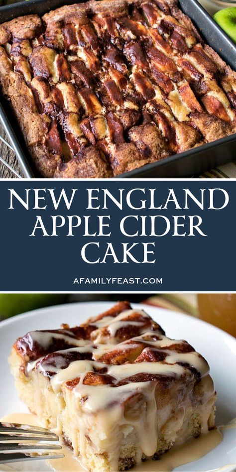 This New England Apple Cider Cake is very easy to make and very delicious – chock full of sliced Granny Smith apples in a simple, sweet cake that gets great flavor and moisture from cinnamon, heavy cream and apple cider! This cake also has a delicious, creamy apple cider glaze that gets drizzled over the top when served! #applecidercake #applecake Creamy Apple Cider, Apple Cider Cake, Cider Cake, Apple Cider Glaze, Healthy Cake Recipes, Healthy Cake, Fall Dessert, Granny Smith, Food Cakes