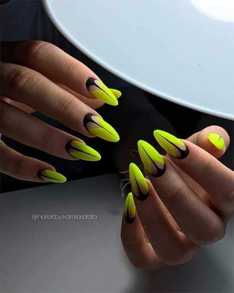 Neon And Gold Nails, Goth Almond Nails Designs, Like Green And Black Nails, Neon Nail Inspo Short, Line Green Nails, Black And Neon Yellow Nails, Nails With Neon Tips, Yellow Black Nails, Black And Neon Nails