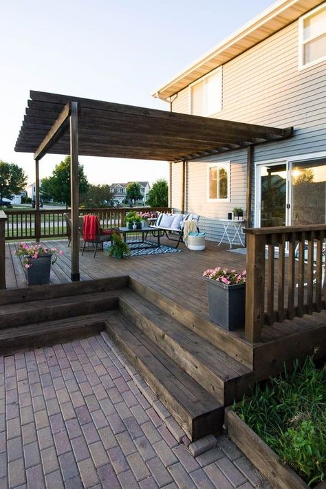 10 Stylish Deck Stain Color Ideas and How to Use Them Deck Around Corner Of House, Deck Designs Layout, Floating Deck With Pergola, Wood Deck Ideas, Outdoor Kitchen Deck, Backyard Deck Ideas On A Budget, Deck Ideas On A Budget, Backyard Decking, Wood Deck Designs