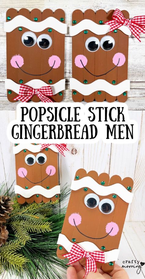 Popsicle Stick Gingerbread Men Craft- easy christmas craft for kids! Fun diy art project for kids. Popsicle stick jumbo sticks from dollar tree. Easy cheap craft. xmas craft Gingerbread Art Preschool, Gingerbread Man Kids Crafts, Easy Gingerbread Men, Gingerbread Kids Crafts, Cheap Christmas Crafts, Gingerbread Man Crafts, Popsicle Stick Christmas Crafts, Popsicle Stick Crafts For Kids, Prek Crafts