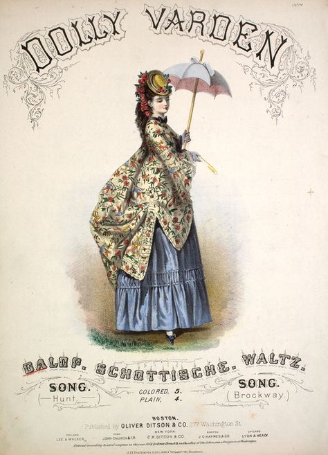 The "Dolly Varden Dress" was a look based off of a character in a Charles Dickens book. The look was loosely mimicked, but it was said to be a red petticoat, Polonaise style, wight he upper bodice skirt being some kind of a small floral print and topped off with a flattened bonnet. Jockey Hat, Charles Dickens Books, Dolly Varden, Hobble Skirt, 1870s Fashion, Fancy Dress Party, Bustle Dress, Music Cover, Gibson Girl