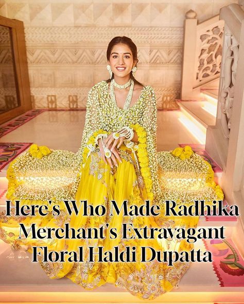 Florals are everything! Radhika Merchant has taken the internet by storm with her real flowers jaal dupatta. TAP LINK IN BIO to know what went on behind the making of this unique haldi look straight from the celebrity-favourite floral artist.  #weddingflorals #weddigflowers #weddingduppata #bridaldupatta #floralduppata #wedding #indianwedding #haldi #haldioutfit #haldiduppata #khushmag Haldi Ceremony Outfit For Bride Unique, Unique Haldi Outfits For Bride, Haldi Ceremony Outfit For Bride, Flower Dupatta, Haldi Outfits For Bride, Haldi Look For Bride, Haldi Look, Jaal Dupatta, Radhika Merchant