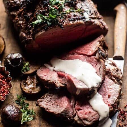 Roasted Beef Tenderloin with Mushrooms and White Wine Cream Sauce. - Half Baked Harvest Beef Tenderloin Sauce, Tenderloin Sauce, Roasted Beef Tenderloin, Wine Cream Sauce, Whole Beef Tenderloin, White Wine Cream Sauce, Roasted Beef, Half Baked, Dinner Entrees