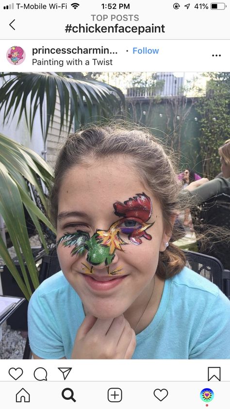 Chicken Face Paint, Face Painting, Face Paint, Rooster, Mirrored Sunglasses, Birds, Twist, Chicken, Paint