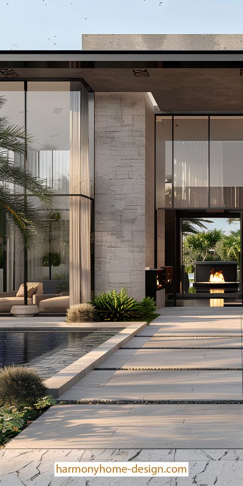 The stylish front entrance complements the overall design aesthetic. Mansion Front Door, Luxurious Exterior, Luxury Houses Entrance, House Styling Interior, Spain House, Villa Exterior, Modern Architecture Design, Interior Design Your Home, Modern Villa Design