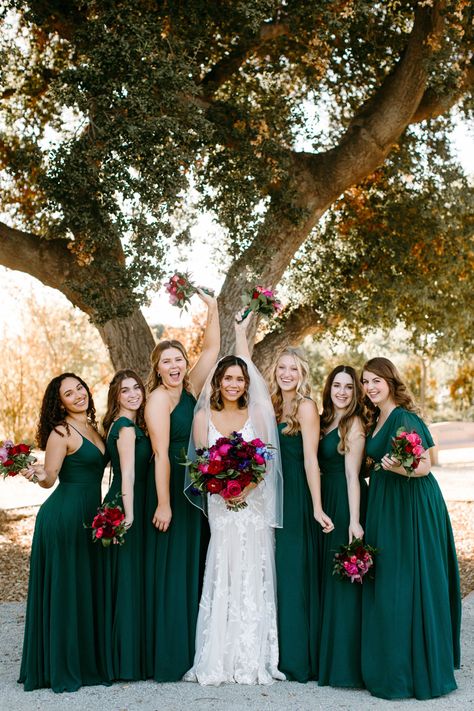 Bridesmaid With Bouquet, Emerald Jewel Tone Wedding, Emerald And Burgundy Wedding Theme, Dark Green And Fuschia Wedding, Emerald Green And Fuschia Wedding, Emerald And Ruby Wedding, Dark Pink Wedding Theme, Jewel Toned Bridesmaid Dresses, Dark Green And Pink Wedding