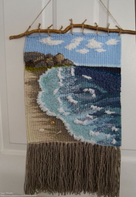 Beach Weaving, Ocean Weaving, Ocean Tapestry, Tapestry Loom Weaving, Art Yarn Weaving, Tapestry Loom, Weaving Loom Diy, Loom Craft, Weaving Wall Hanging