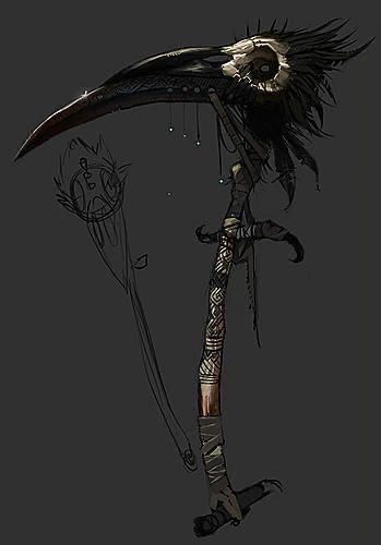 Anime Scythe Design, Scythe Designs Art, Scythes Designs, Sycthe Drawings, Fantasy Scythe Ideas, Scythe Magic, Scythe Fantasy Art, Magical Scythe, Fantasy Scythe Concept Art