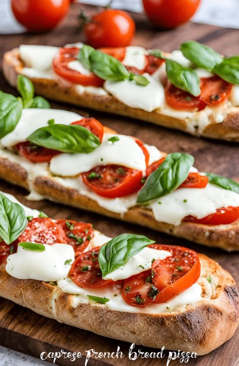 caprese french bread Toasted French Bread Slices, Caprese Bread, Ciabatta Pizza, Bruschetta Bread, Goats Cheese Flatbread, Ciabatta Bread Recipe, Roasted Grape Tomatoes, Pizza Appetizers, Italian Pizza Recipe