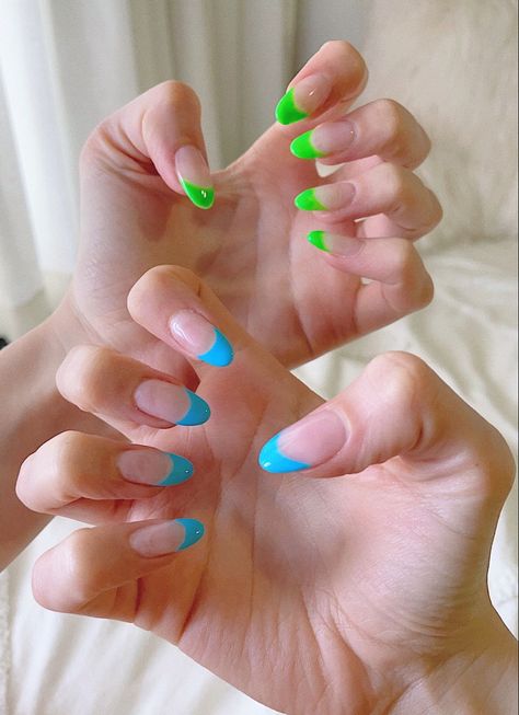 Green And Blue Nails French Tips, Blue And Green French Nails, Neon Blue Nails French Tips, Blue Green French Tip Nails, Neon Blue French Tip Nails, Blue And Green French Tip Nails, Neon Green And Blue Nails, Neon Green French Tip Nails, Neon French Tip Nails