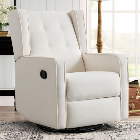 PRICES MAY VARY. ➤Manual Swivel Rocker Recliner: This glider swivels and reclines too, adding to its comfort, the recliner back can be adjusted from 90° - 150°, can be flexibly used in three modes to meet your demand. ➤Modern Design: This manual swivel rocker gliding recliner chair is wrapped in polyester blend upholstery with white buttons and piping for contrast, track arm design and foam-filled cushion to rest your arms and your body. ➤Suitable Size: Measure 30"W x 37"D x 40"H, Seat Height – Chair For Nursery, White Rocking Chairs, Chair Nursery, Rocker Recliner Chair, Swivel Rocker Recliner Chair, High Quality Sofas, Nursery Glider, Rocking Chair Nursery, Glider Recliner