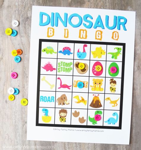 Free Printable Dinosaur Bingo at artsyfartsymama.com Dinosaur Bingo, Dinosaur Lesson, Dinosaur Theme Preschool, Printable Bingo Games, Dinosaurs Preschool, Dinosaur Printables, Dinosaur Activities, Dinosaur Crafts, Bingo Printable