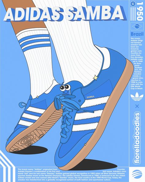 A closer look at the details 👟💙 @fiorelladoodles 🤝 @adidas 🤩 want to know the story behind this poster? Check out my latest reel! . More illustrations for the greater good soon to come 🫶 . #adidassamba #digitalart #illustration #retroposter #adidas #sambas #explore #fashion #carnival #graphicdesign #branding #sneakerhead #rio #brazil #explore #explorepage #fyp #yougotthis #samba #kotd #brazilcarnival Adidas Collab | Streetwear Fashion | outfit of the day | kicks of the day | sneaker game | ... Adidas Graphic Design, Adidas Illustration, Streetwear Posters, Sneaker Illustration, Adidas Poster, Adidas Collab, Sneakers Illustration, Adidas Art, Adidas Samba Outfit